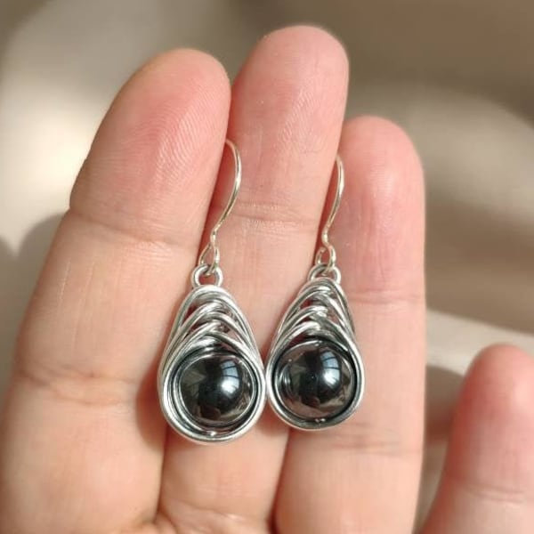 Hematite wire wrapped earrings, Herringbone handmade earrings, Sterling silver ear hook & aluminum wire wrap, Protection black gem earrings