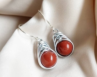 Red jasper wire wrapped earrings with sterling silver ear wire, Aluminum cool earrings, Homemade Herringbone earrings, Root chakra jewelry