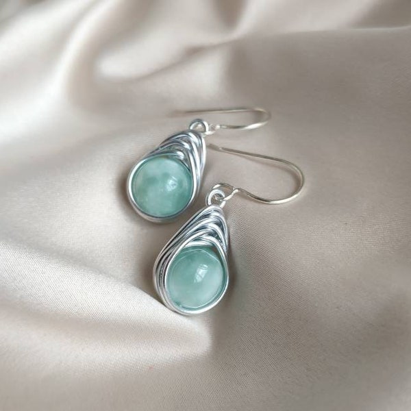 Mint pumpellyite wire wrapped earrings, Pretty teal stone earrings, Sterling silver ear hook & aluminum wire wrap, Herringbone cool earrings