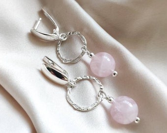 Rose quartz earrings, Textured sterling silver earrings, Long pink stone hanging earrings, Women circle earrings, Christmas gift