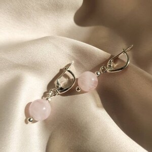 Rose quartz earrings, Pretty sterling silver stone earrings, Short aesthetic gemstone earrings, Delicate pink hanging earrings for women image 2