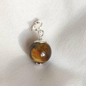 10mm Tigers eye sphere sterling silver charm, Handmade small beaded pendant, Brown stone clip on charm, Add a charm, Dainty jewelry gift