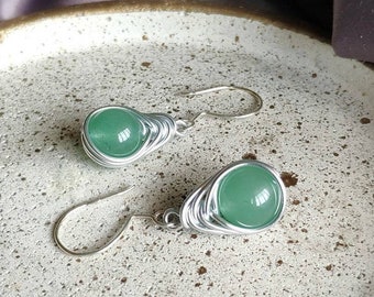 Aventurine wire wrapped earrings with sterling silver french wire, Handmade herringbone earrings, Pretty green stone earrings, Cool earrings