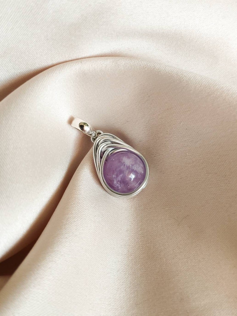 Lilac amethyst wire wrapped pendant with sterling silver bail, Small purple stone pendant, February Birthstone jewelry gift for her image 4