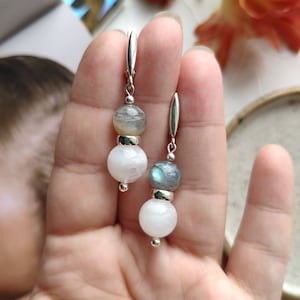 Moonstone & labradorite earrings, Sterling silver dangle earrings for women, Elegant short gemstone earrings, Two stone cool earrings