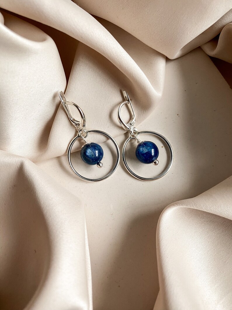 Blue kyanite earrings, Elegant short sterling silver earrings, Navy blue gemstone hanging earrings, Modern women circle hoop cool earrings image 1