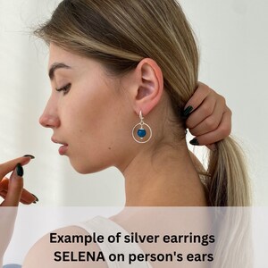 Blue kyanite earrings, Elegant short sterling silver earrings, Navy blue gemstone hanging earrings, Modern women circle hoop cool earrings image 9