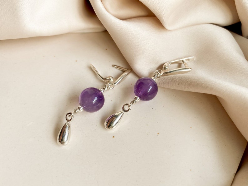 Amethyst sterling silver earrings, Purple gem silver earrings with drops, Handmade cool earrings, Delicate women hanging earrings image 2