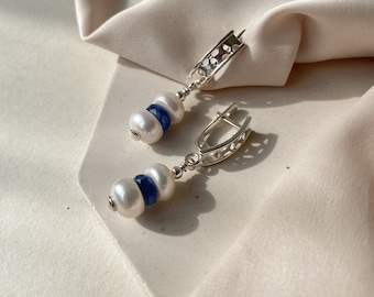 Kyanite and pearl earrings, Silver wedding earrings, Short hanging earrings, Elegant silver jewelry, Handmade jewelry gift for her