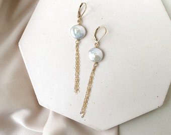 Long Baroque pearl 14K gold filled earrings, Chain tassel bridal earrings, Aesthetic golden earrings gift for her, Elegant wedding earrings