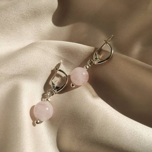 Rose quartz earrings, Pretty sterling silver stone earrings, Short aesthetic gemstone earrings, Delicate pink hanging earrings for women image 4