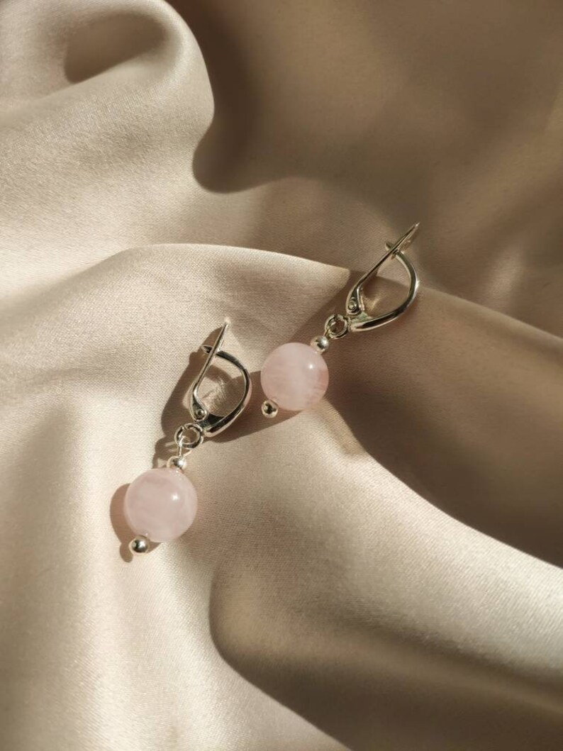Rose quartz earrings, Pretty sterling silver stone earrings, Short aesthetic gemstone earrings, Delicate pink hanging earrings for women image 4