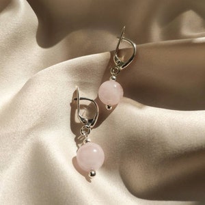 Rose quartz earrings, Pretty sterling silver stone earrings, Short aesthetic gemstone earrings, Delicate pink hanging earrings for women image 1