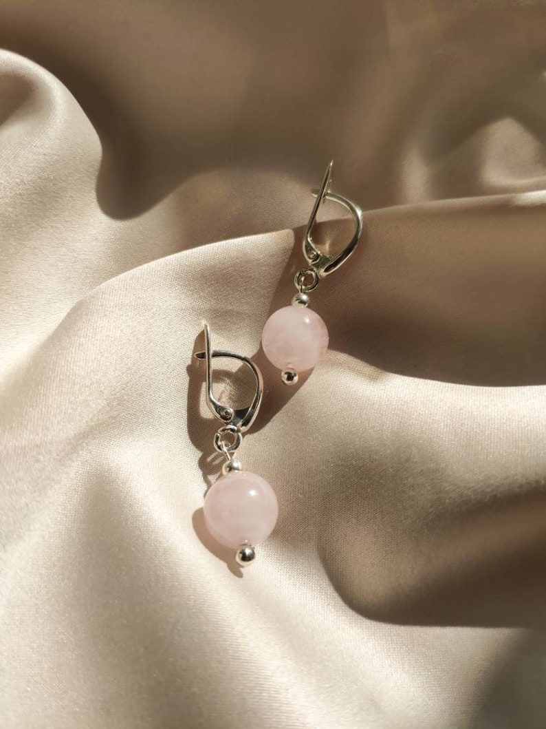 Rose quartz earrings, Pretty sterling silver stone earrings, Short aesthetic gemstone earrings, Delicate pink hanging earrings for women image 1