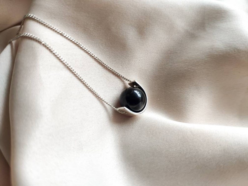 Black tourmaline sterling silver necklace, Sherl stone fidget necklace for women, Handmade gem empath protection necklace image 2