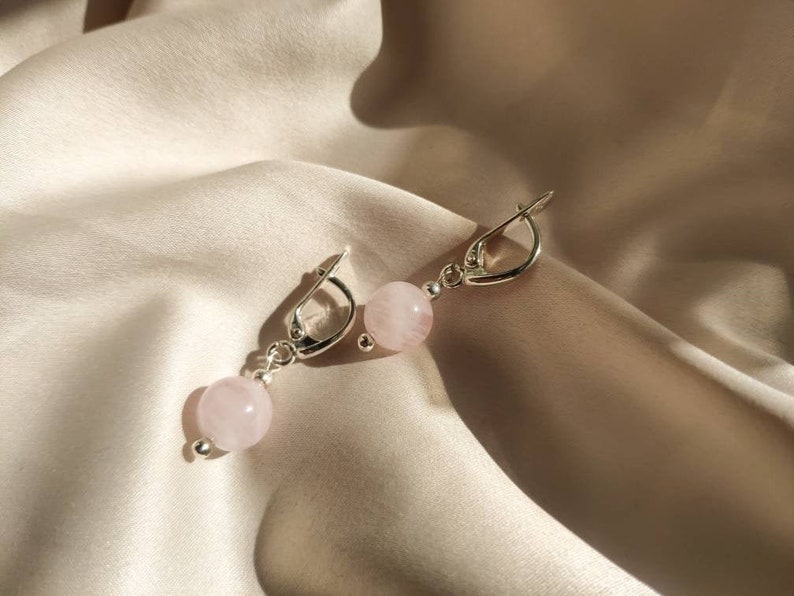 Rose quartz earrings, Pretty sterling silver stone earrings, Short aesthetic gemstone earrings, Delicate pink hanging earrings for women image 2