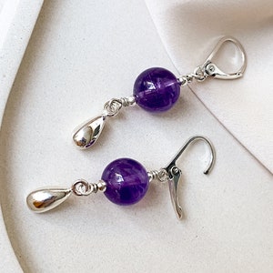 Amethyst sterling silver earrings, Purple gem silver earrings with drops, Handmade cool earrings, Delicate women hanging earrings image 7