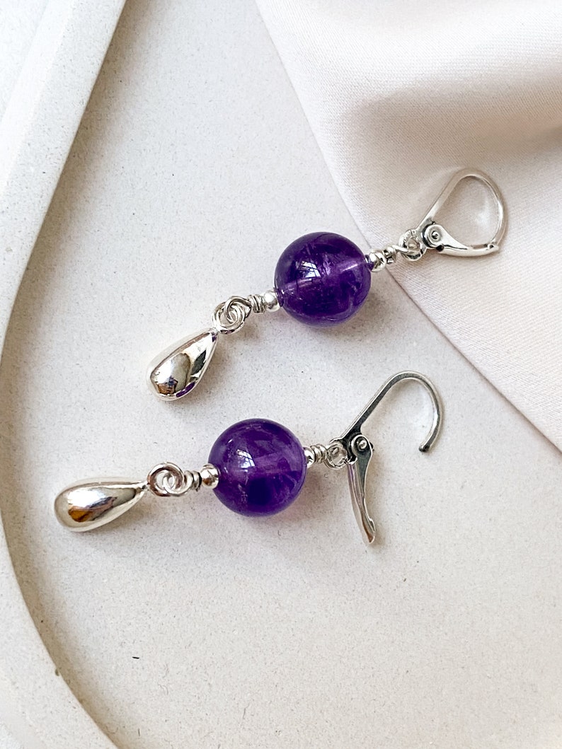 Amethyst sterling silver earrings, Purple gem silver earrings with drops, Handmade cool earrings, Delicate women hanging earrings image 7