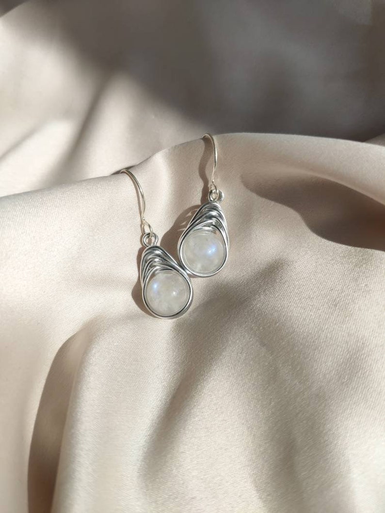 White Moonstone wire wrapped earrings on terling silver ear hook, Herringbone cool earrings, Witchy jewelry gift for her, June Birthstone image 3