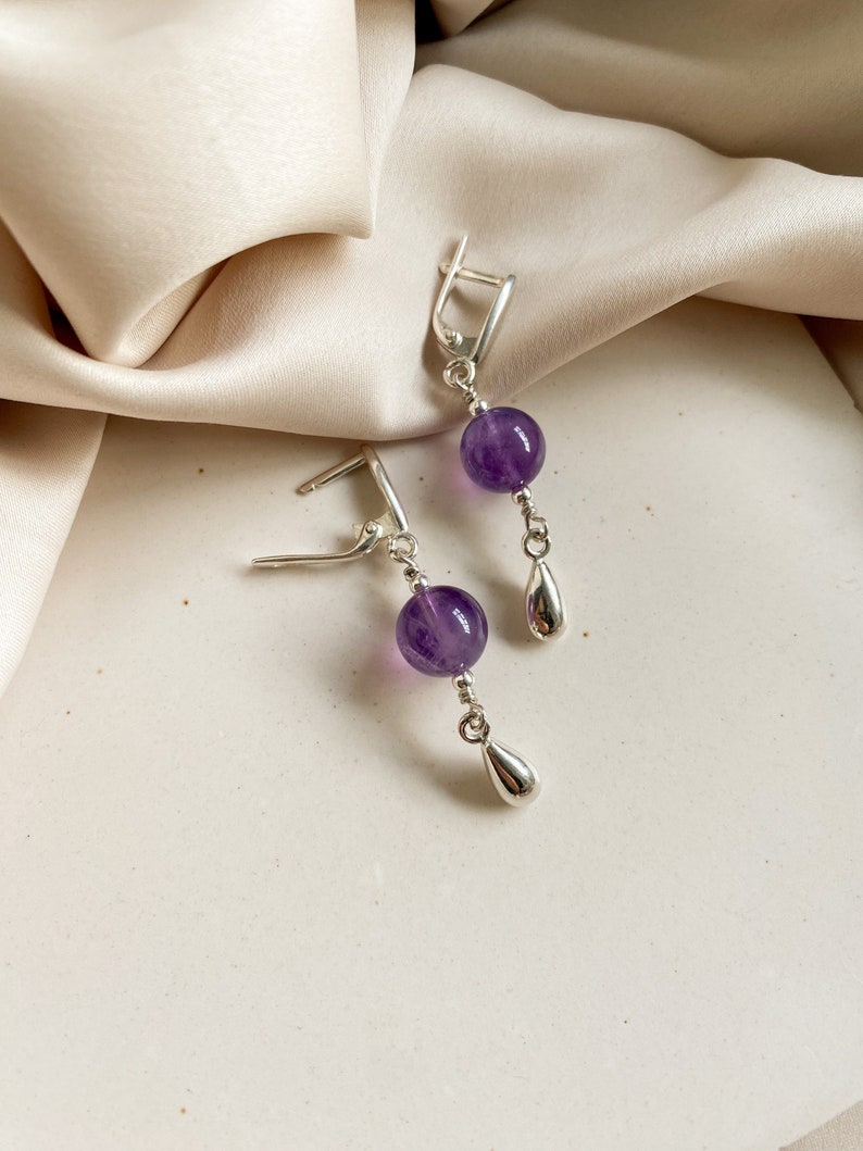 Amethyst sterling silver earrings, Purple gem silver earrings with drops, Handmade cool earrings, Delicate women hanging earrings image 1