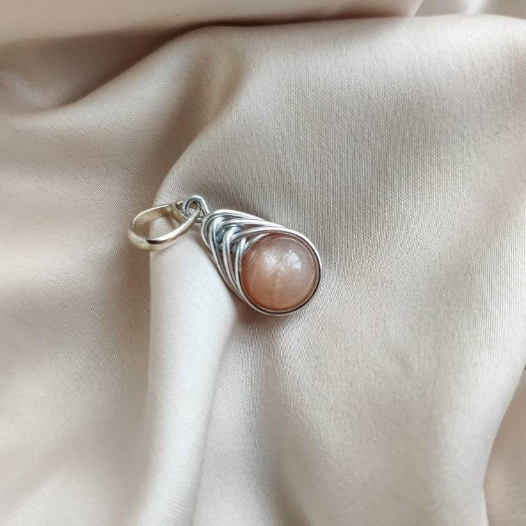 Peach Moonstone Wire Wrapped Pendant, Small Stone Charm With