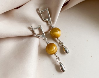 Yellow Tigers eye earrings, Bright gem sterling silver earrings with silver drops, Protection stone jewelry, Delicate hanging earrings