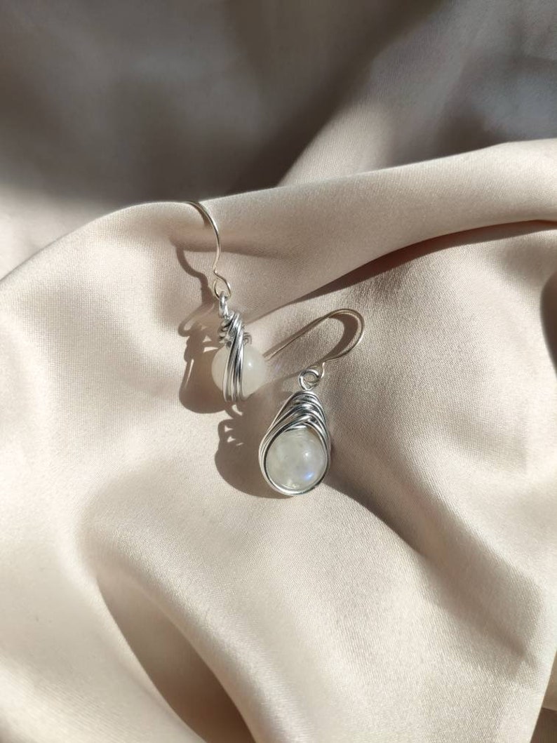 White Moonstone wire wrapped earrings on terling silver ear hook, Herringbone cool earrings, Witchy jewelry gift for her, June Birthstone image 4