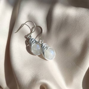 White Moonstone wire wrapped earrings on terling silver ear hook, Herringbone cool earrings, Witchy jewelry gift for her, June Birthstone image 2