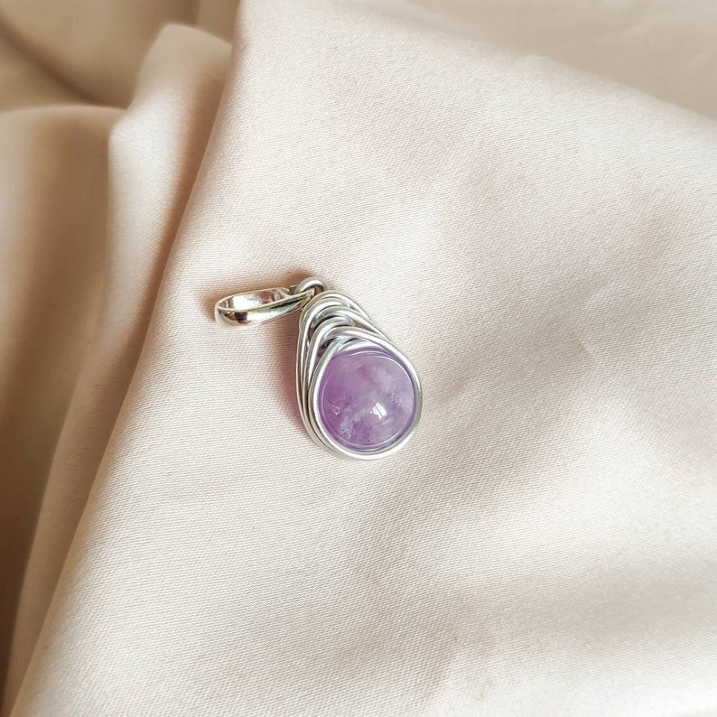 Lilac amethyst wire wrapped pendant with sterling silver bail, Small purple stone pendant, February Birthstone jewelry gift for her Pendant only