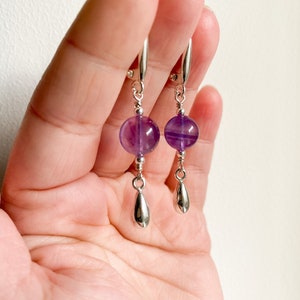 Amethyst sterling silver earrings, Purple gem silver earrings with drops, Handmade cool earrings, Delicate women hanging earrings image 6