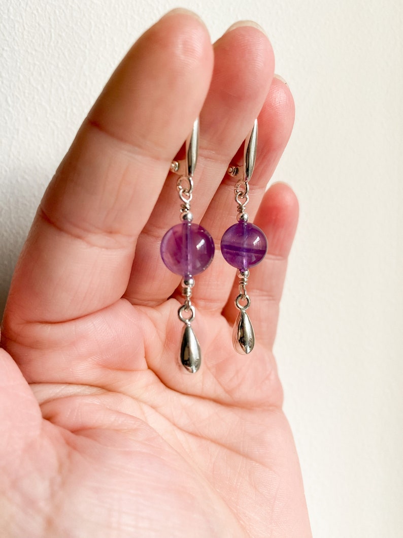 Amethyst sterling silver earrings, Purple gem silver earrings with drops, Handmade cool earrings, Delicate women hanging earrings image 6