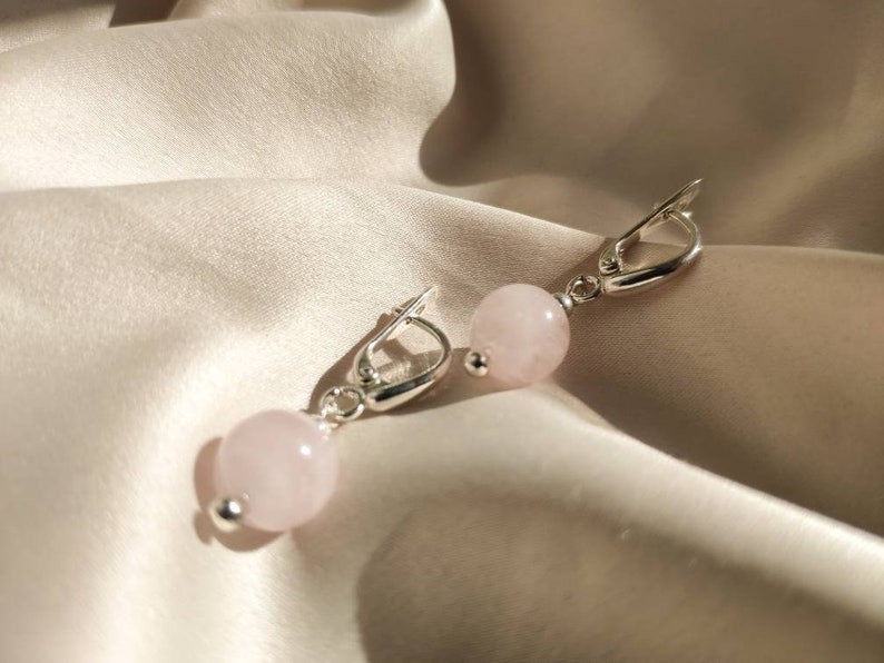 Rose quartz earrings, Pretty sterling silver stone earrings, Short aesthetic gemstone earrings, Delicate pink hanging earrings for women image 5