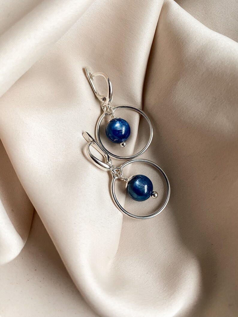 Blue kyanite earrings, Elegant short sterling silver earrings, Navy blue gemstone hanging earrings, Modern women circle hoop cool earrings image 5