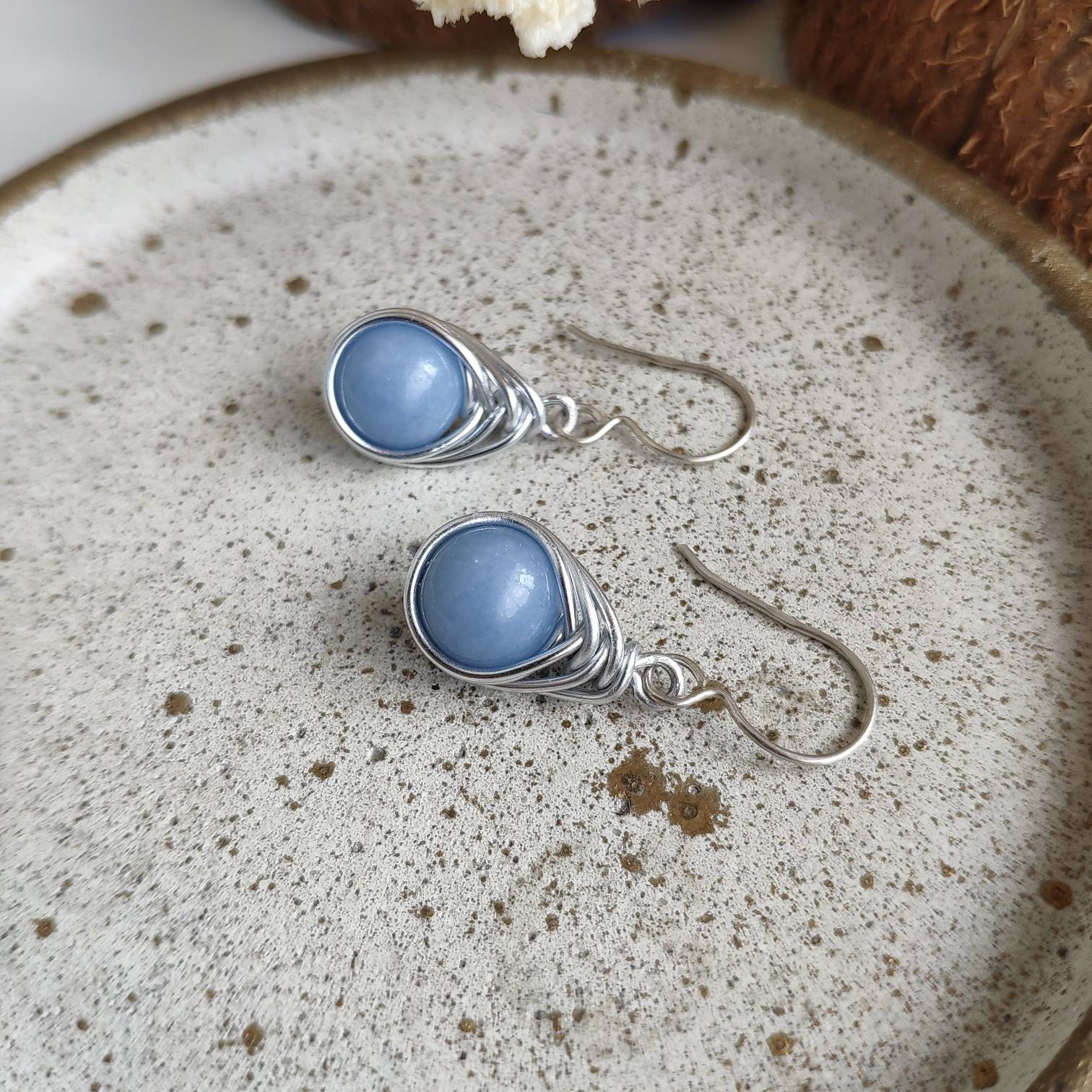 10mm angelite wire wrapped earrings with silver ear hook Blue | Etsy