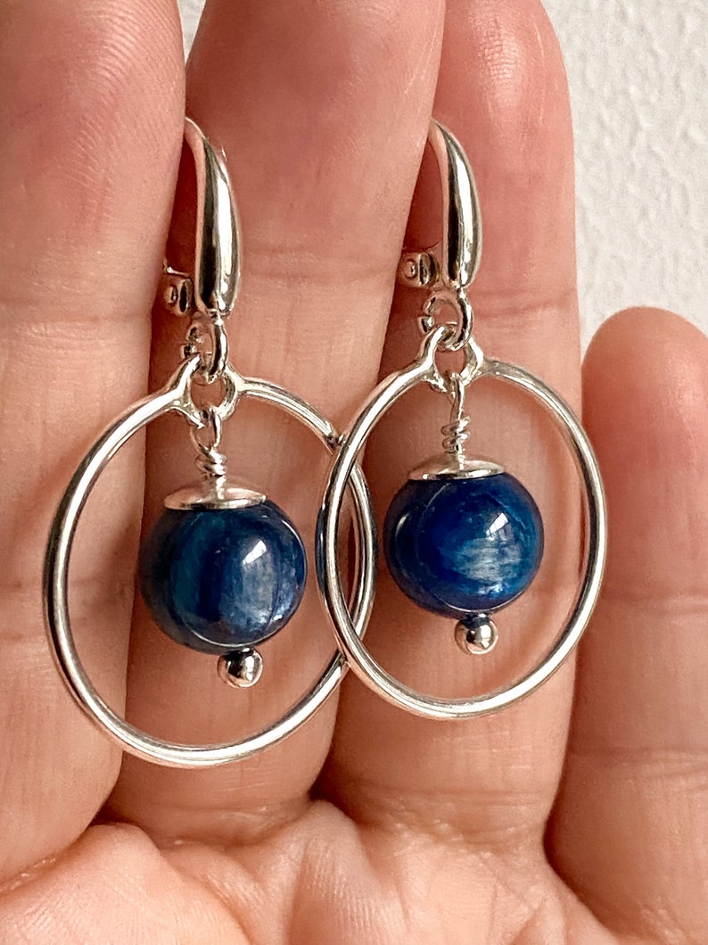 Blue kyanite earrings, Elegant short sterling silver earrings, Navy blue gemstone hanging earrings, Modern women circle hoop cool earrings image 2