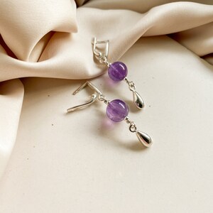 Amethyst sterling silver earrings, Purple gem silver earrings with drops, Handmade cool earrings, Delicate women hanging earrings image 3