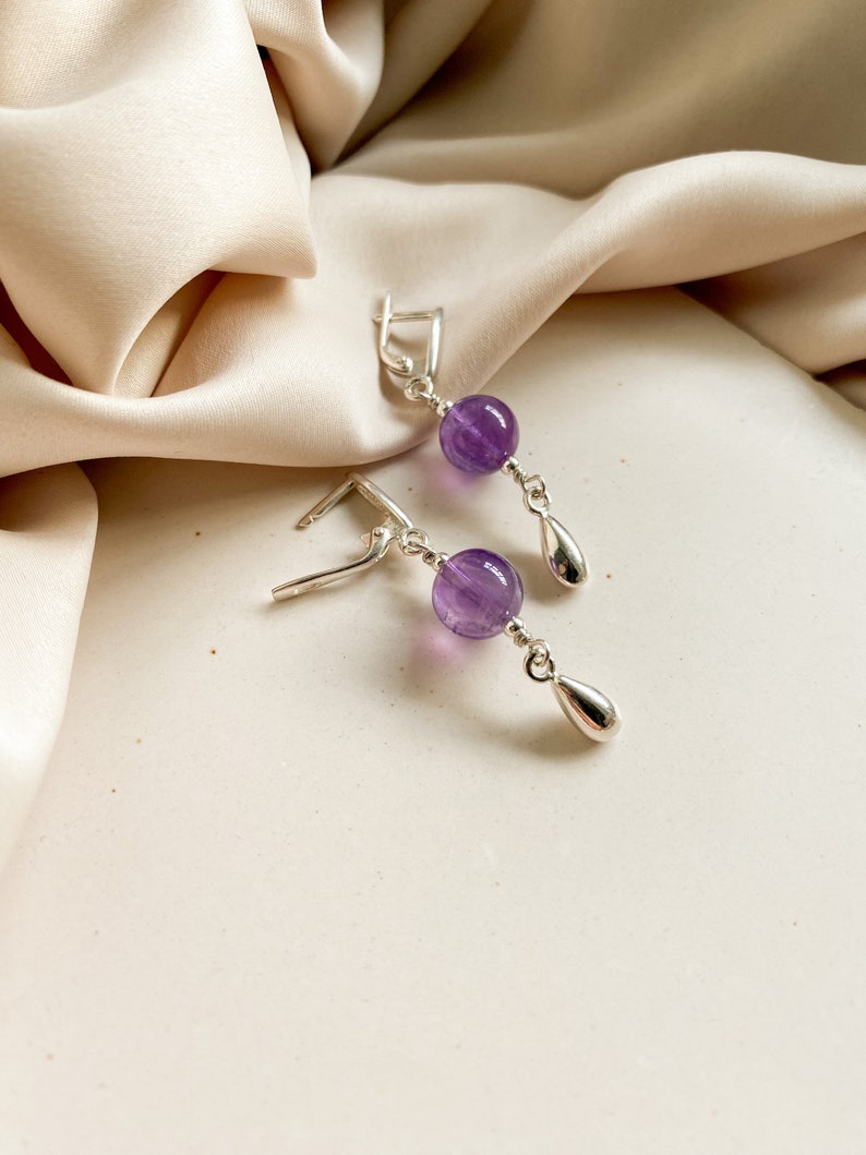 Amethyst sterling silver earrings, Purple gem silver earrings with drops, Handmade cool earrings, Delicate women hanging earrings image 3