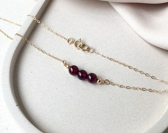 Delicate red garnet necklace 14K gold fill, Triple gem necklace for her, Burgundy gemstone necklace, Minimalistic chain necklace