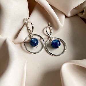 Blue kyanite earrings, Elegant short sterling silver earrings, Navy blue gemstone hanging earrings, Modern women circle hoop cool earrings image 6