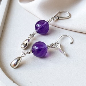 Amethyst sterling silver earrings, Purple gem silver earrings with drops, Handmade cool earrings, Delicate women hanging earrings Lever back