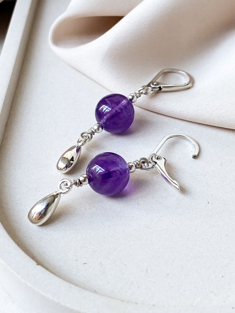 Amethyst sterling silver earrings, Purple gem silver earrings with drops, Handmade cool earrings, Delicate women hanging earrings Lever back