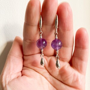 Amethyst sterling silver earrings, Purple gem silver earrings with drops, Handmade cool earrings, Delicate women hanging earrings image 5
