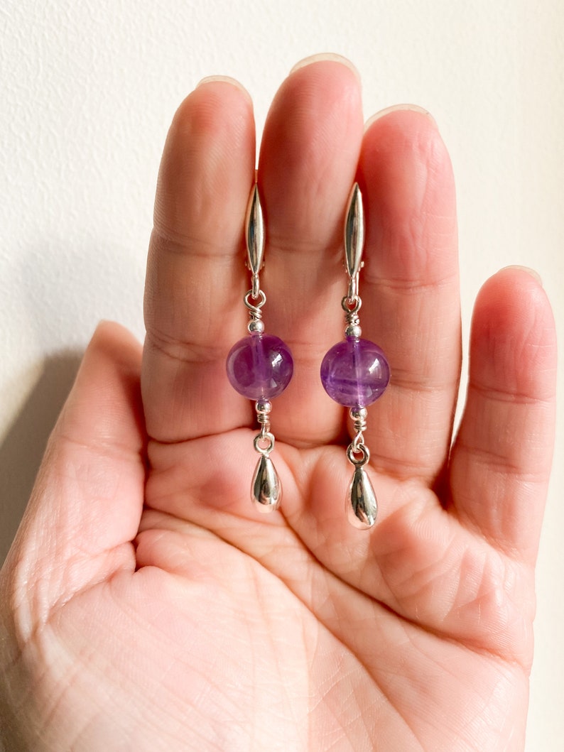 Amethyst sterling silver earrings, Purple gem silver earrings with drops, Handmade cool earrings, Delicate women hanging earrings image 5