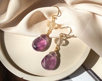 Purple fluorite gold filled earrings, Long citrine earrings, Pretty golden earrings, Cool earrings, Handmade jewelry gift for her