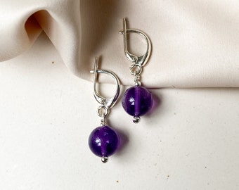 Amethyst earrings, Short sterling silver earrings, Elegant purple stone earrings, Classic women hanging earrings, Jewelry gift for Mom
