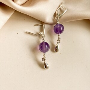 Amethyst sterling silver earrings, Purple gem silver earrings with drops, Handmade cool earrings, Delicate women hanging earrings Latch back
