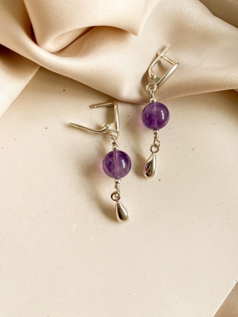 Amethyst sterling silver earrings, Purple gem silver earrings with drops, Handmade cool earrings, Delicate women hanging earrings Latch back