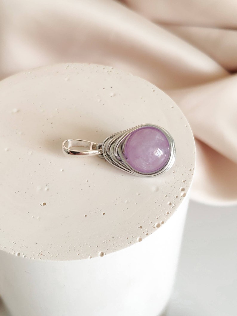 Lilac amethyst wire wrapped pendant with sterling silver bail, Small purple stone pendant, February Birthstone jewelry gift for her image 5