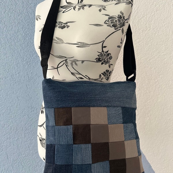 Schicke Patchwork Umhängetasche  Damentasche Jeans Upcycling Unikat