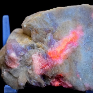 May include: A close-up of a rock sample under shortwave ultraviolet light, showing a bright red fluorescence. The rock is a light gray color with some pink and purple hues. "Photo Under SW UV Light 254nm" is written in red text at the top of the image.